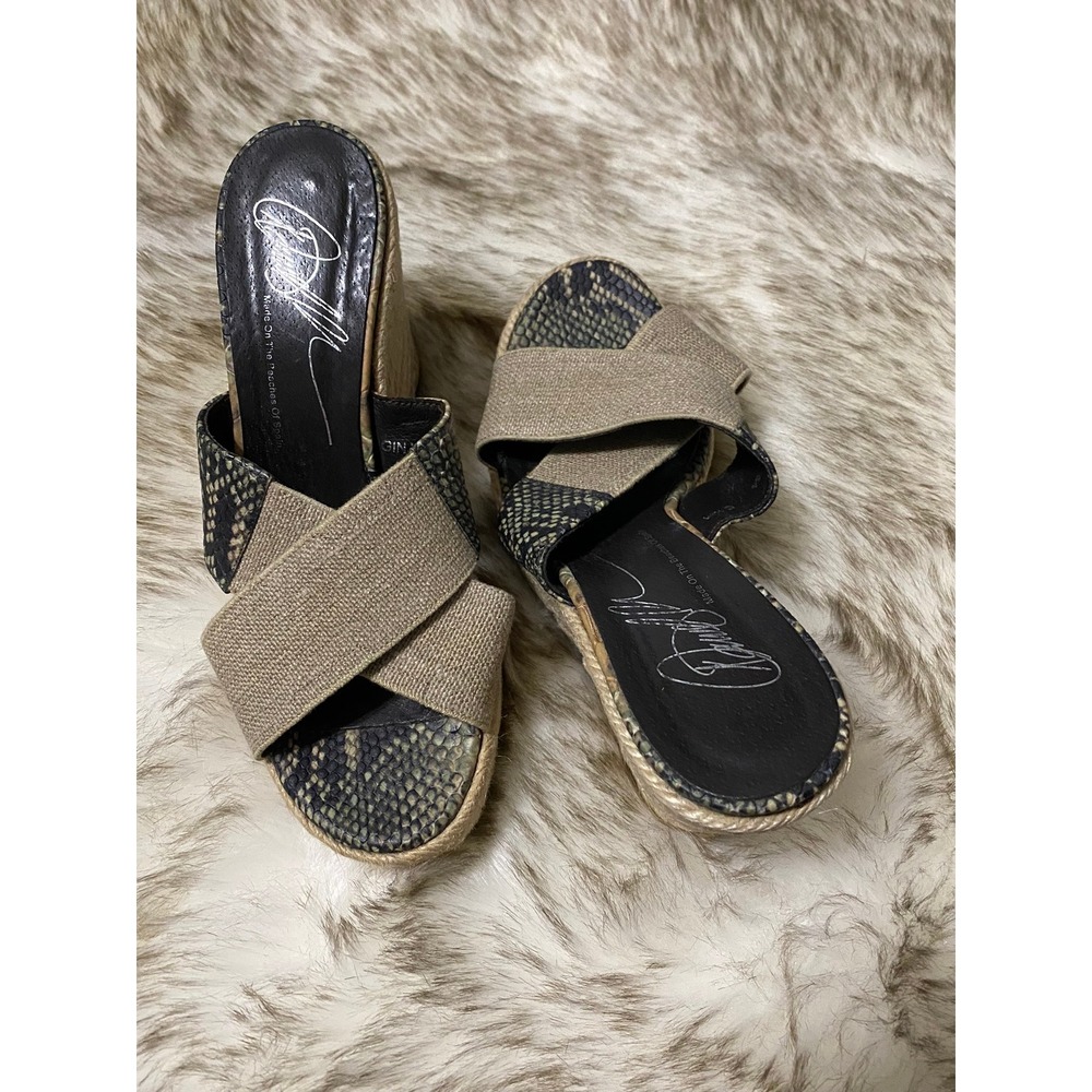 Donald Pliner Ginny Snake Embossed Espadrille Wedge Sandals Tan Black Size 5.5M - Picture 3 of 4